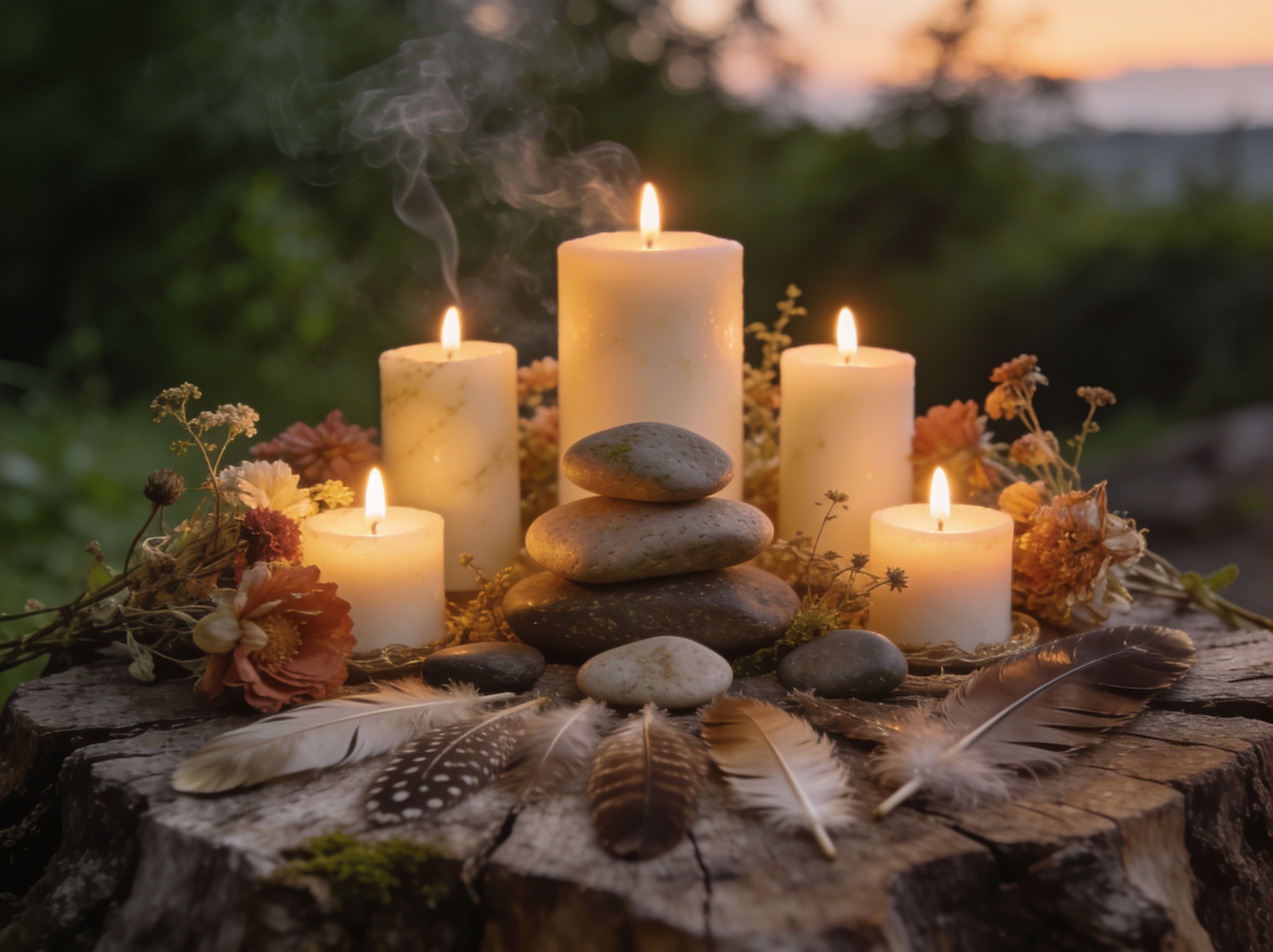 A warm ancestral altar at dusk with candles, stones and dried flowers