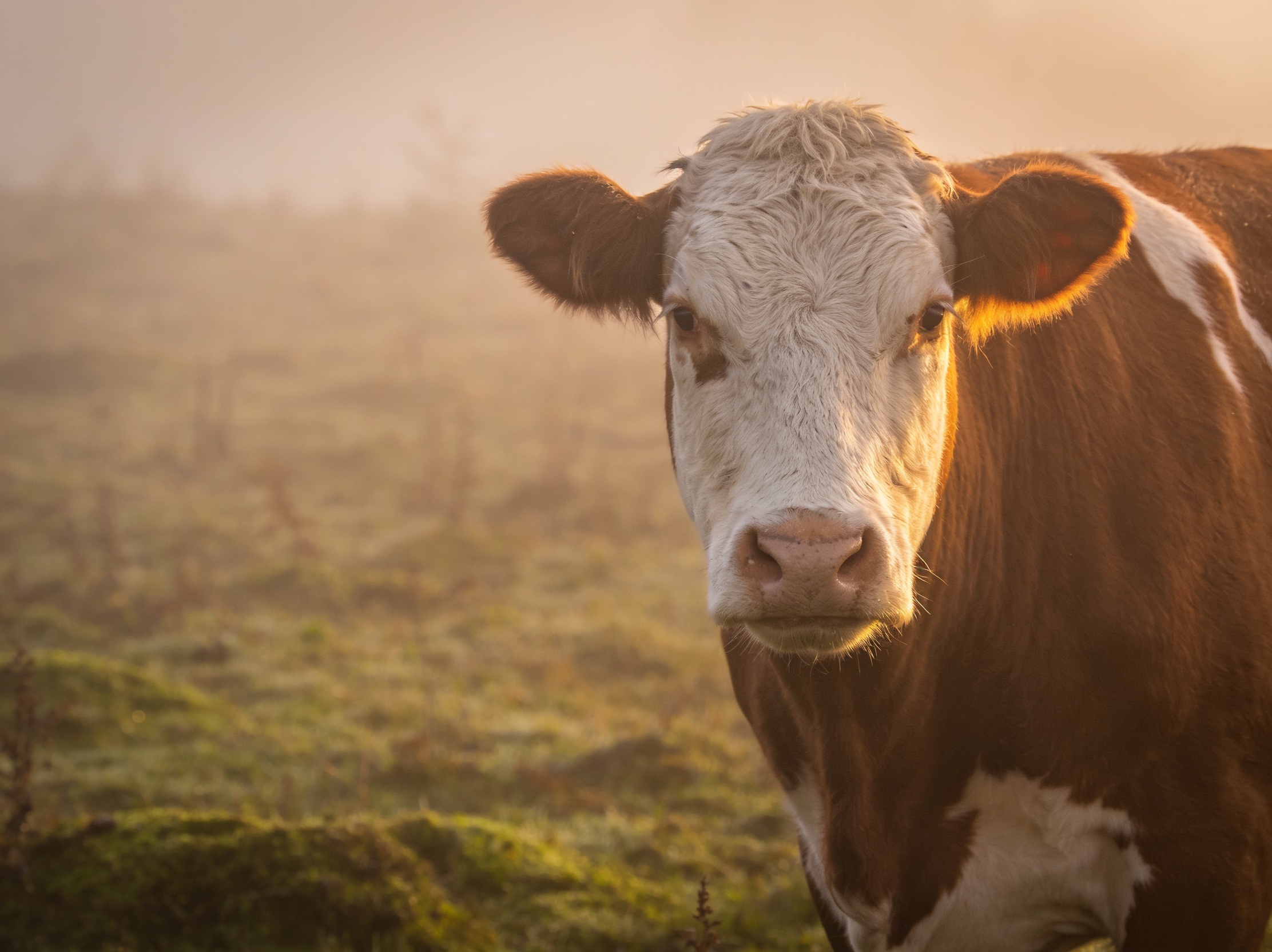 A gentle cow standing calmly in soft golden meadow light