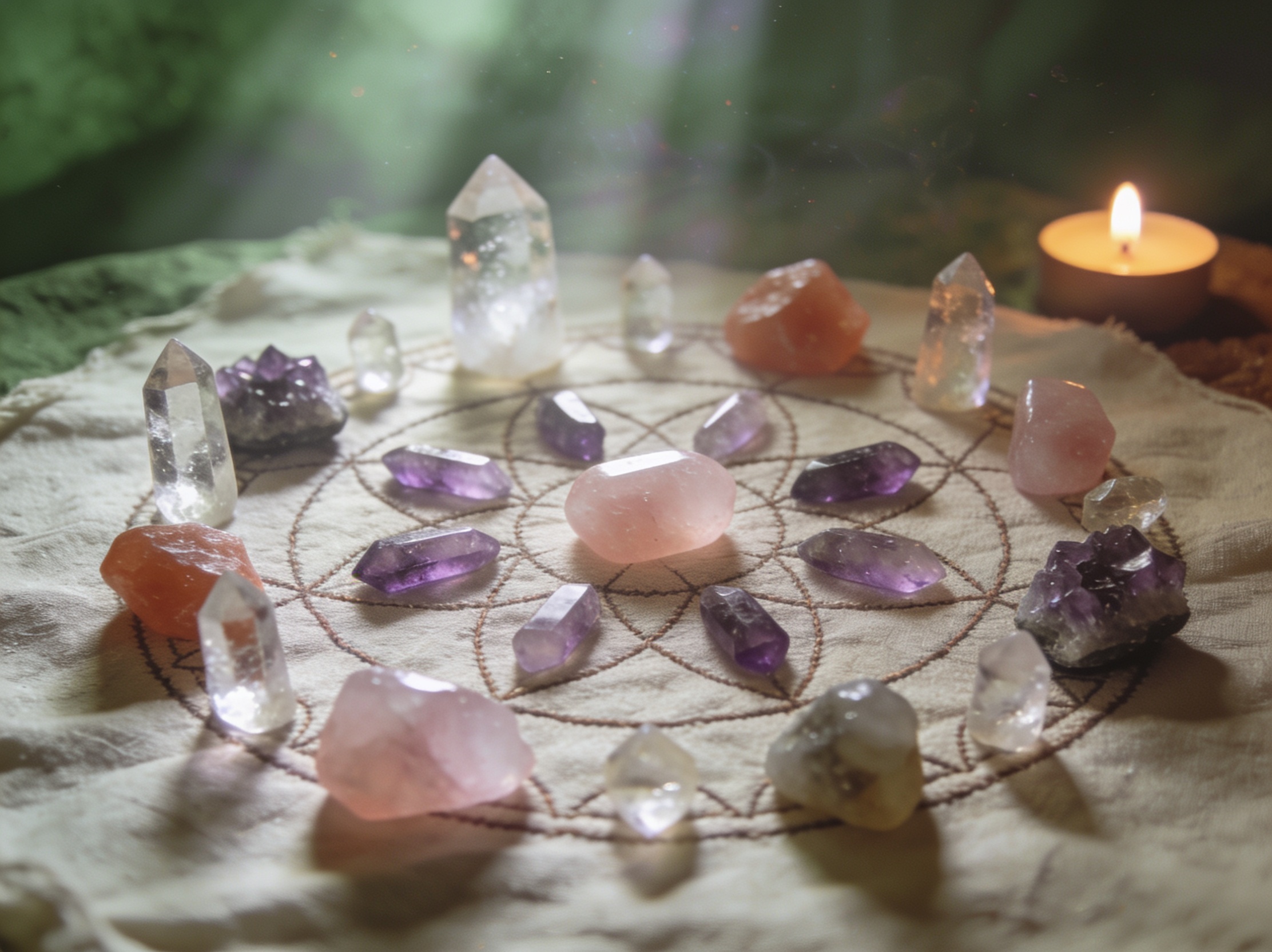 Healing crystals arranged in a sacred mandala with soft ethereal light