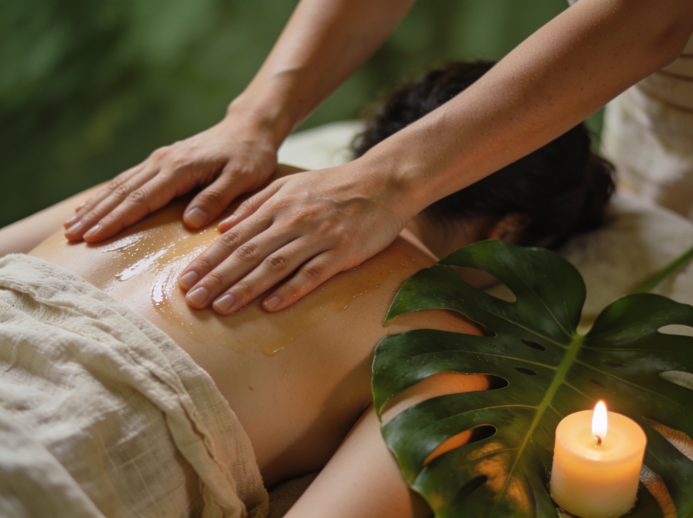 Warm hands giving a flowing Spiritual Hawaiian Lomi Lomi massage with coconut oil