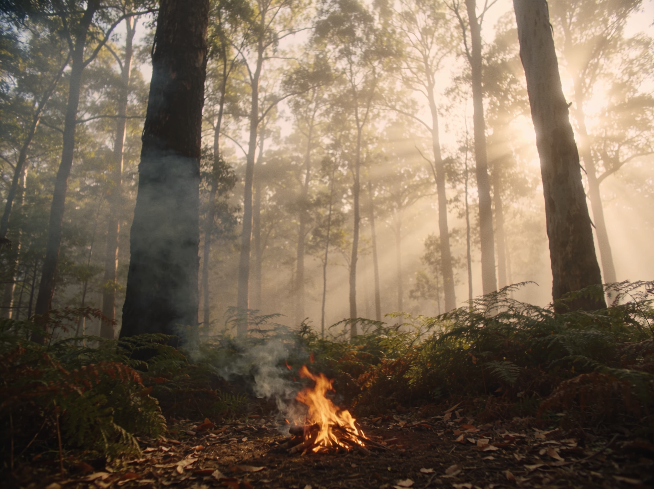 A small sacred fire glowing in a misty eucalyptus forest at golden hour
