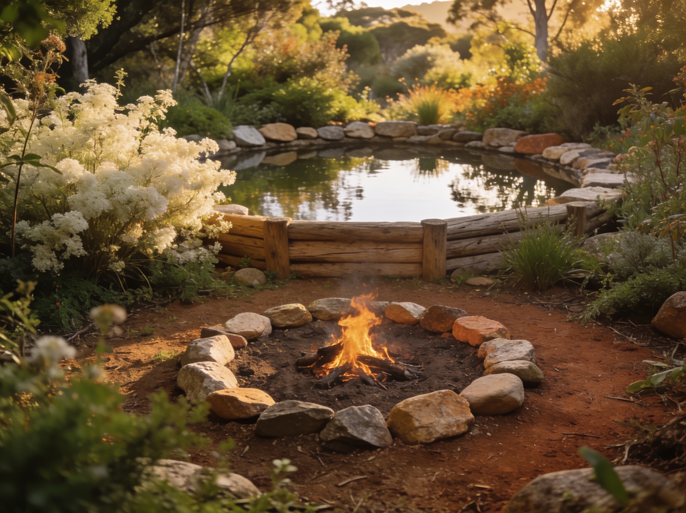 A sacred stone fire circle in a natural garden beside still water at golden hour