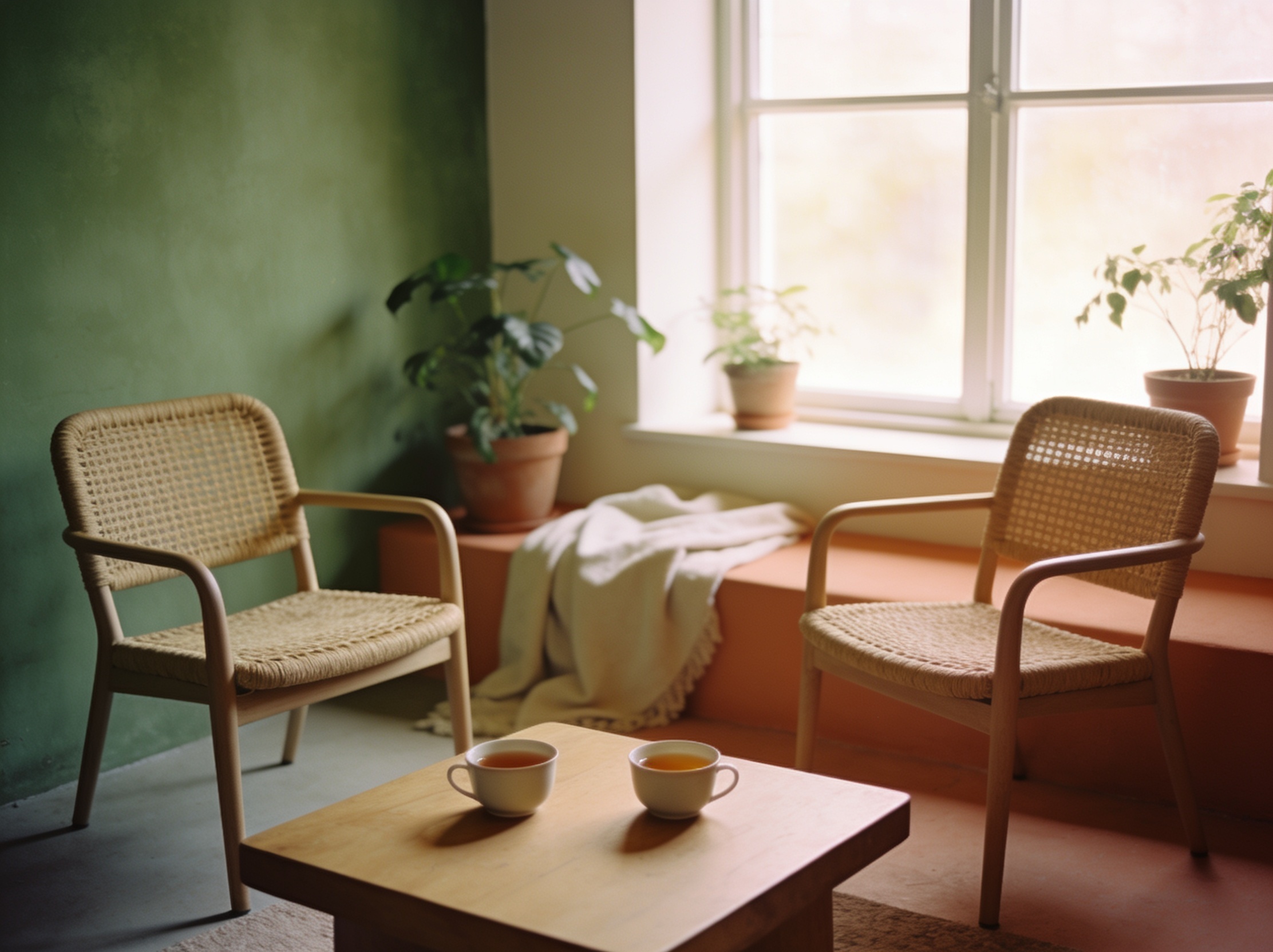 Two chairs facing each other in a calm, sunlit room — a safe space to talk